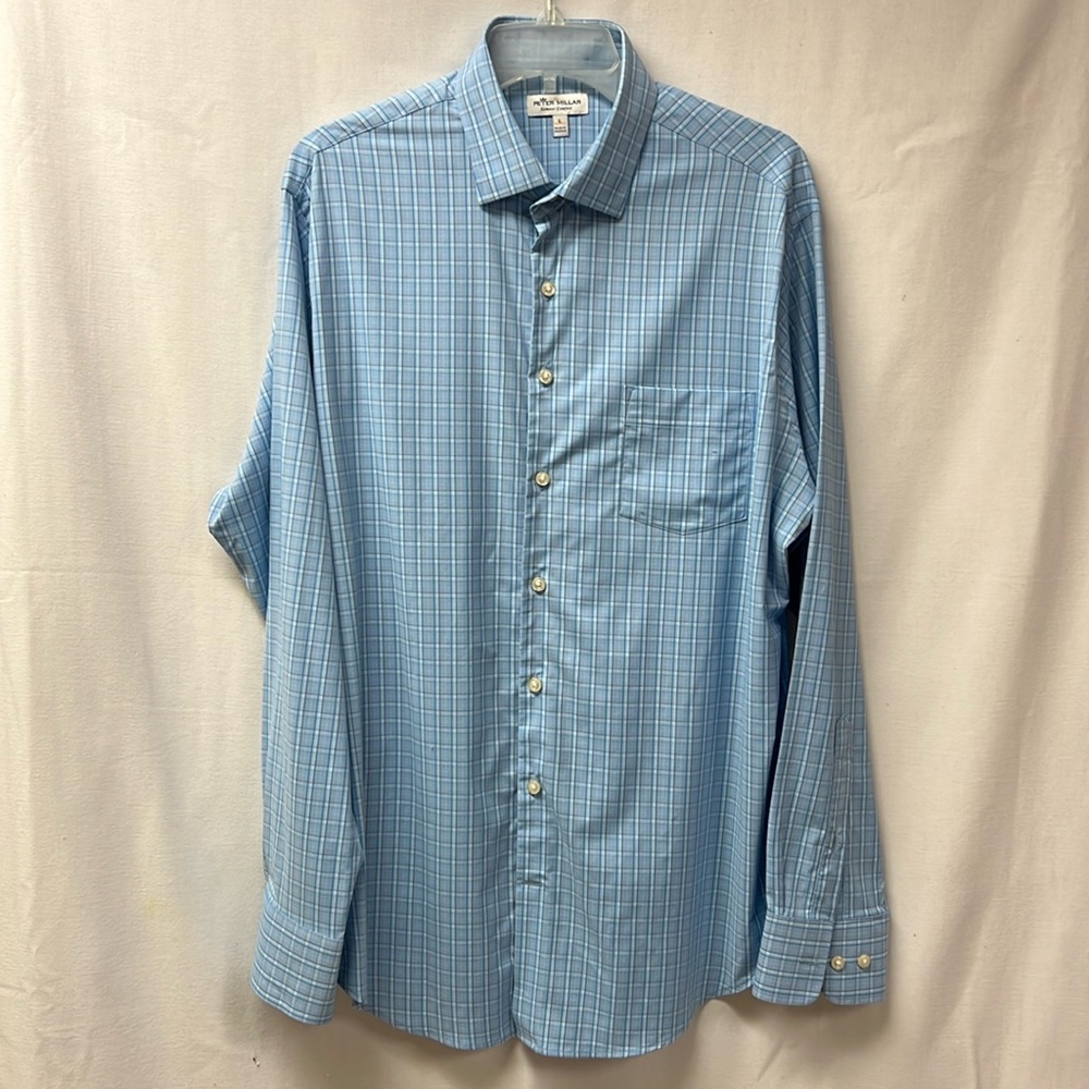 Peter Millar Shirt Spread Collar Long Sleeve Men’s Blue Plaid Size Large